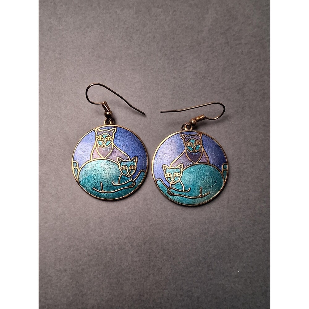 Vintage Meow Cloisonne Earrings Two Cats - Picture 2 of 3